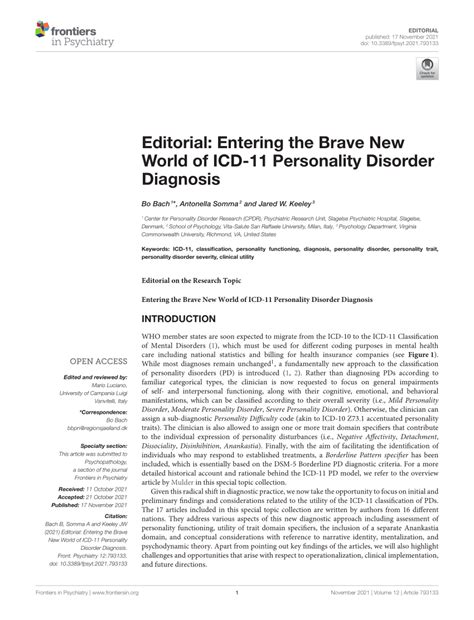 Pdf Editorial Entering The Brave New World Of Icd 11 Personality Disorder Diagnosis