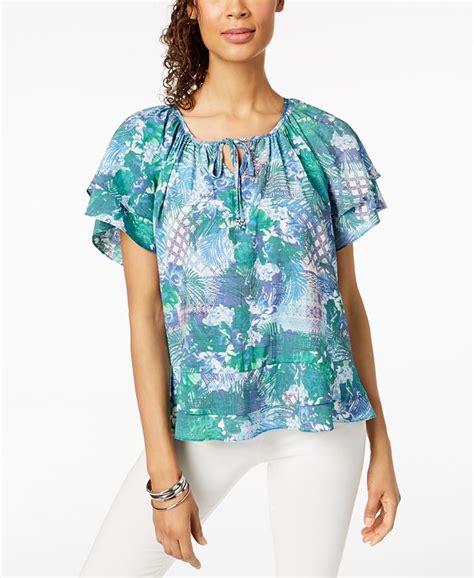 Ny Collection Petite Flounce Trim Peasant Top Macys