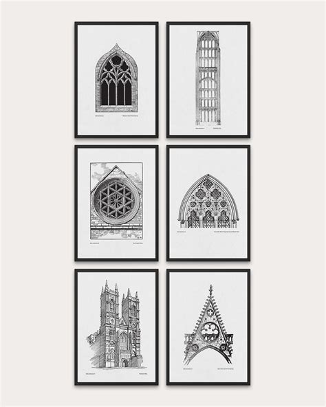 Gothic Architecture Print Set of 6 Architectural Drawing Gothic Art ...