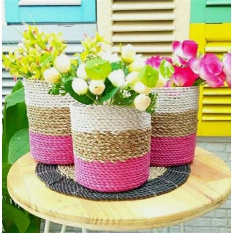 Jual Keranjang Anyaman Seagrass Cover Pot Tanaman Meja Vas Bunga