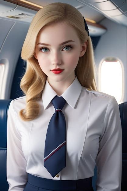 A Beautiful Woman In Flight Attendant Uniform With Shirt And Tie Is