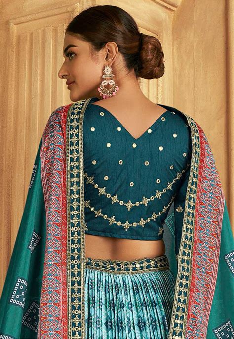 Patola Printed Art Silk Accordion Lehenga In Sky Blue LHT135