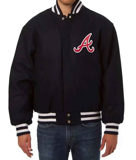 Wool Leather Atlanta Braves Varsity Navy Blue And White Jacket