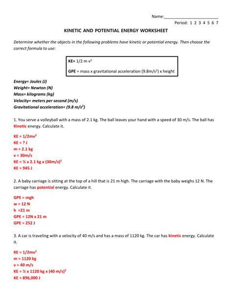 Worksheets On Kinetic And Potential Energy Printable Calendars At A