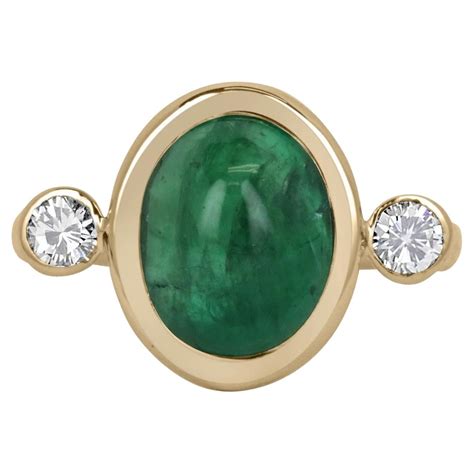 14k Yellow Gold Cabochon Emerald Diamond Three Stone Ring For Sale At