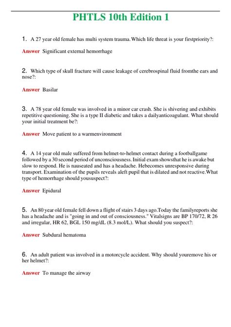 Phtls 10th Edition 1 Latest 2024 Questions With Complete Grade A