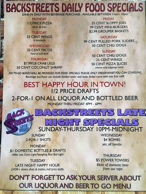 Backstreets Bar Menu Daily Specials Pulled Pork Sliders Chili Dogs