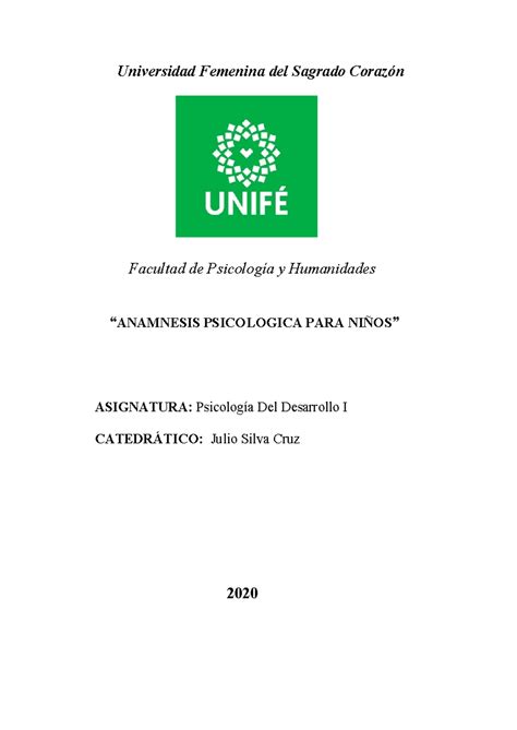 Anamnesis Para Niños 2020 Universidad Femenina Del Sagrado Corazón Facultad De Psicología Y