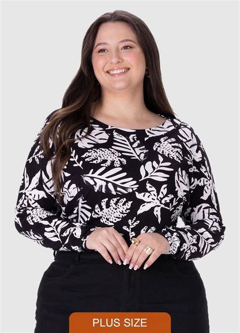 Blusa Feminina Folhagens Canelada Plus Preto Malwee Adulto