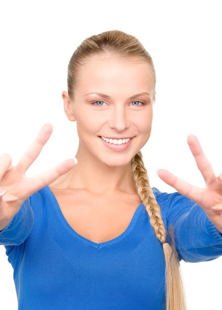 Premium Photo Bright Portrait Of Lovely Blonde Showing Victory Sign