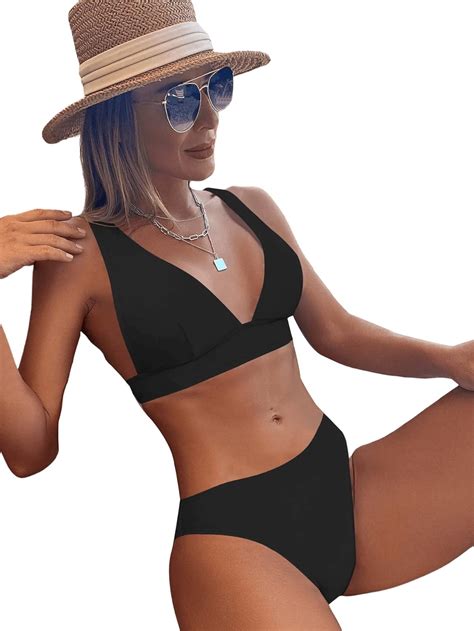 Amazon Sweatyrocks Women S Piece Bathing Suit V Neck Triangle Bikini Set Plain Swimsuit