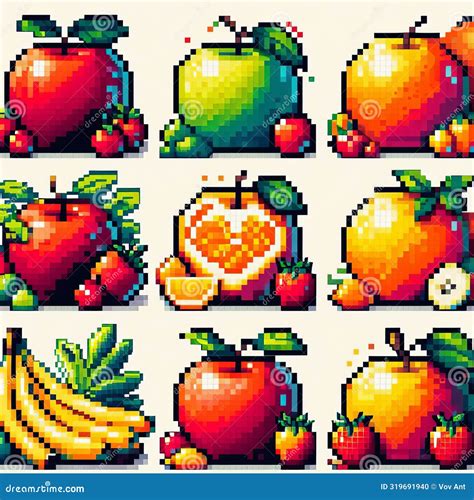 Pixelated Fruit Pixel Art Posters Depicting Various Fruits Suc Stock