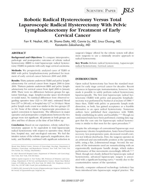 Pdf Robotic Radical Hysterectomy Versus Total Laparoscopic Radical