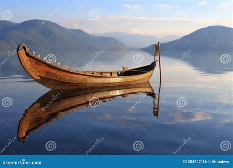 Traditional Wooden Boat Floating On Calm Lake Stock Photo Image Of