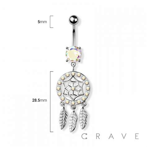 CZ PAVED DREAMCATCHER 316L SURGICAL STEEL NAVEL BELLY RING