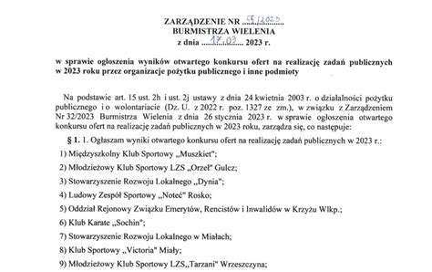 Zarz Dzenie Nr Burmistrza Wielenia W Sprawie Og Oszenia Wynik W