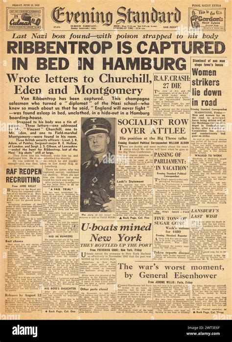 1945 Evening Standard Front Page Reporting Capture Of Von Ribbentrop