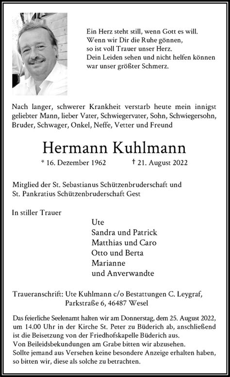 Alle Traueranzeigen F R Hermann Kuhlmann Trauer Rp Online De