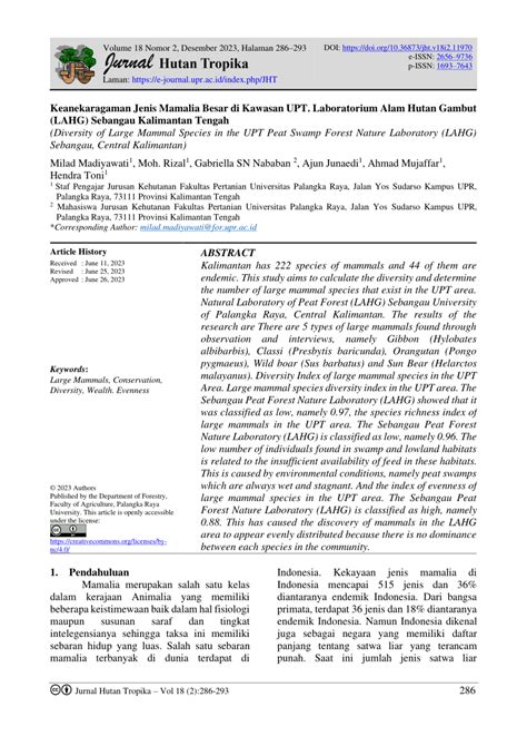 Pdf Keanekaragaman Jenis Mamalia Besar Di Kawasan Upt Laboratorium