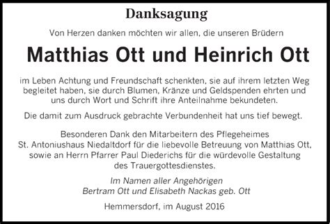 Traueranzeigen Von Matthias Und Heinrich Ott Saarbruecker Zeitung