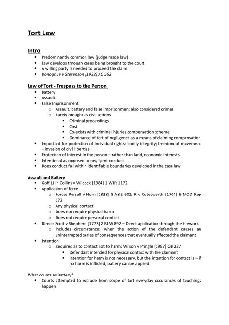 Tort Law Tort Law Notes Tort Law Intro Predominantly Common Law