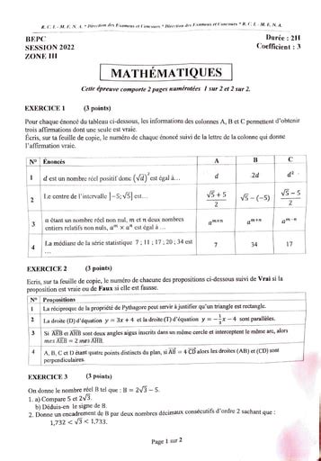 SUJET DE MATHS BEPC 2022 ZONE 3