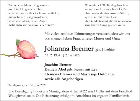 Traueranzeigen Von Johanna Bremer Vrm Trauer De