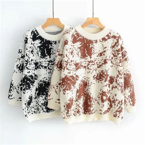 Korean Spring Autumn Loose Printed Long Sleeves Sweater Beige Black