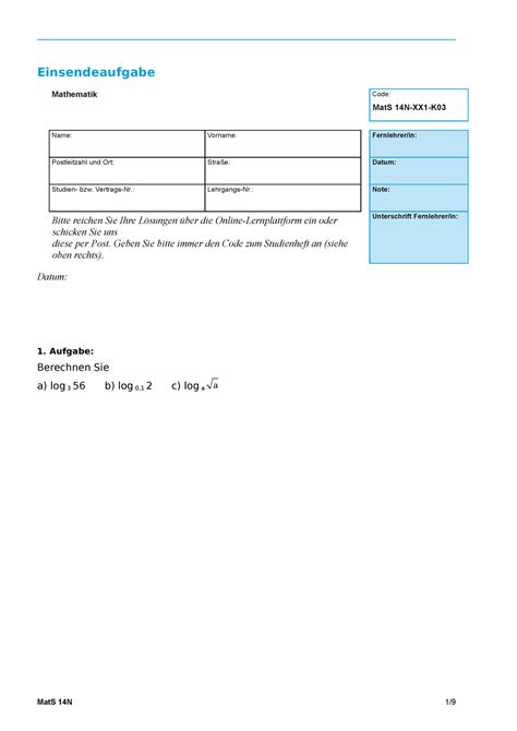 MATS14N ESA Musterlösung Einsendeaufgabe Mathematik Code MatS 14N