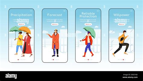 Rainy Weather Walking Onboarding Mobile App Screen Flat Vector Template