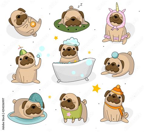 Cute pug dog set. Hand drawn pug stickers isolated on white background ...