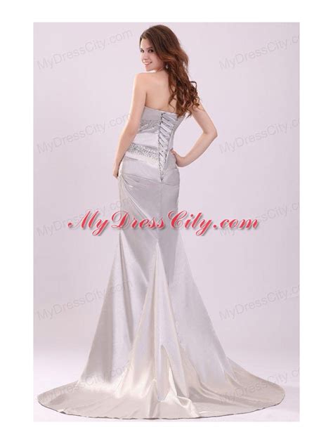 Column Strapless Beading And Ruching Brush Train Prom Dress