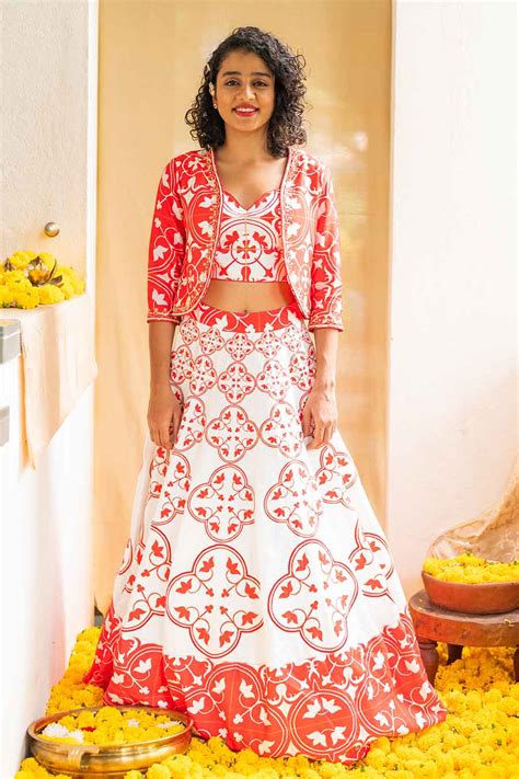 Shop Red Printed Rhapsody Tiles Lehenga Set By Prachi Kamat At House Of