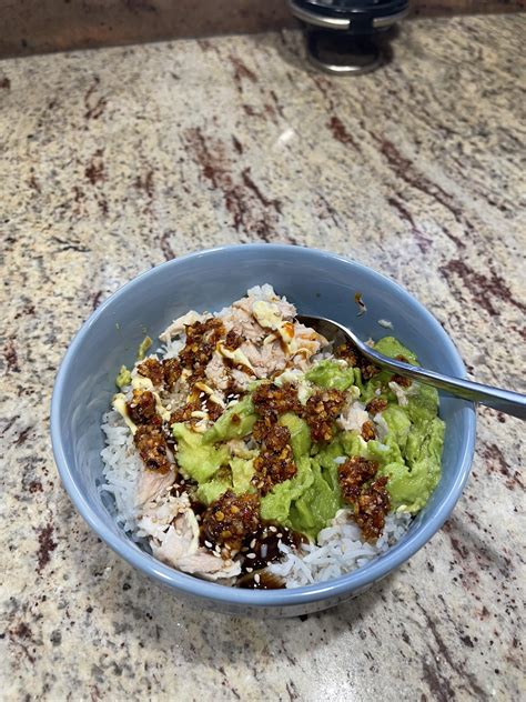 Tuna Bowl White Rice Canned Tuna Half Of An Avocado Teriyaki Sauce