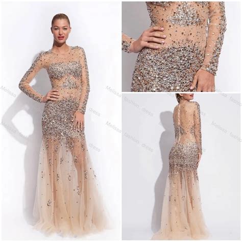 Sheer Glamorous Sexy Sheath O Neck Long Sleeve Sequins Beads