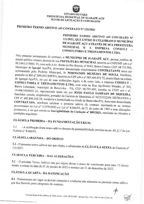 12 1º TERMO ADITIVO CONTRATO Nº 121 2021 Prefeitura Municipal de