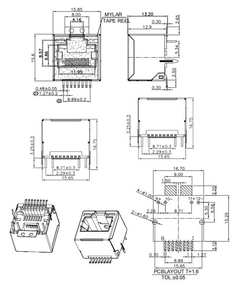 Vertical Smt Type 12 7h With Led Light Rj45 8p8c Female Connector