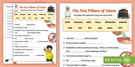 The Five Pillars Of Islam Fill In The Blanks Worksheet