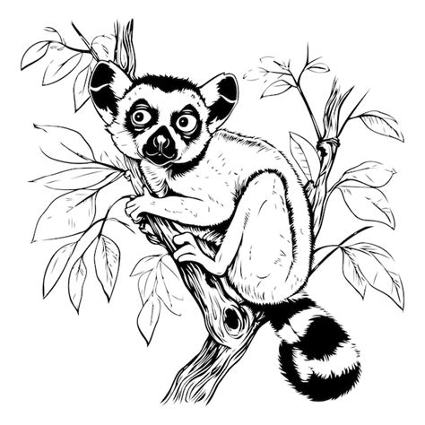 Premium Vector Lemur Sitting On A Tree Branch Black And White Vector Illustration