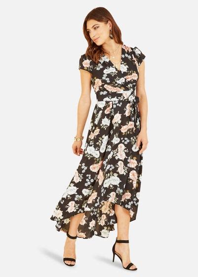 Mela Floral Print Dipped Hem Wrap Dress In Navy Matalan