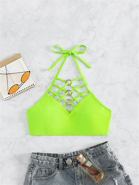 Ring Detail Cut Out Halter Bikini Top SHEIN USA