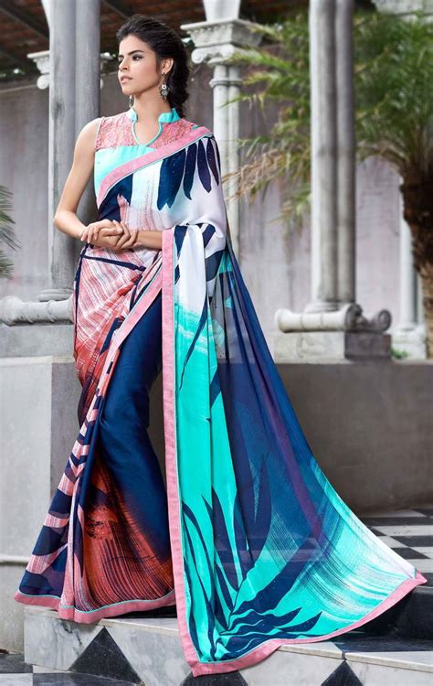 Buy Blue Printed Georgette Saree With Blouse Online