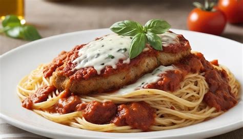 Premium Photo | Veal Parmigiana with spaghetti in tomato sauce