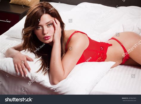 Sexy Beautiful Lady Red Lingerie Bed Stock Photo Edit Now 407842963