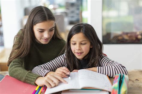 Girl Helping Young Sister With Homework Stock Image F028 4588