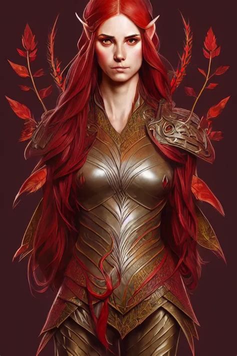 Female Elven Hunter Armor Made Of Red Leaves Fantasy Stable Diffusion