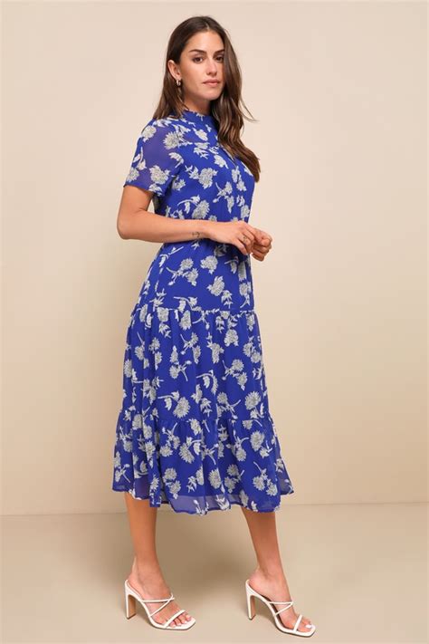 Royal Blue Floral Print Dress Midi Dress Short Sleeve Dress Lulus