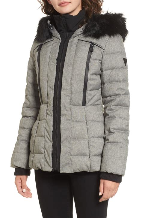 Guess Quilted Hooded Puffer Coat With Faux Fur Trim Nordstrom