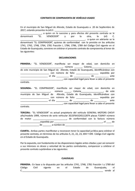 Contratocompraventa Vehiculo Usado Contrato De Compraventa De Usado