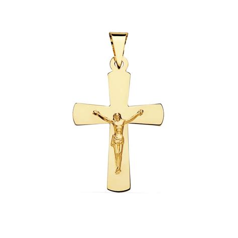 Colgante Oro 18k Cruz 34mm Crucifijo Cristo Lisa Palo Plano